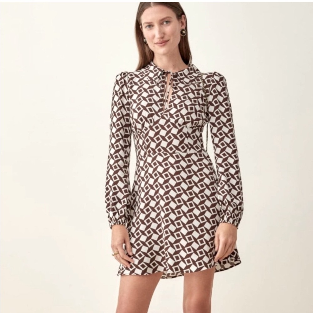 Reformation Will Mini Dress Brown & White Tile Pattern Tie Collared Neck Size 10